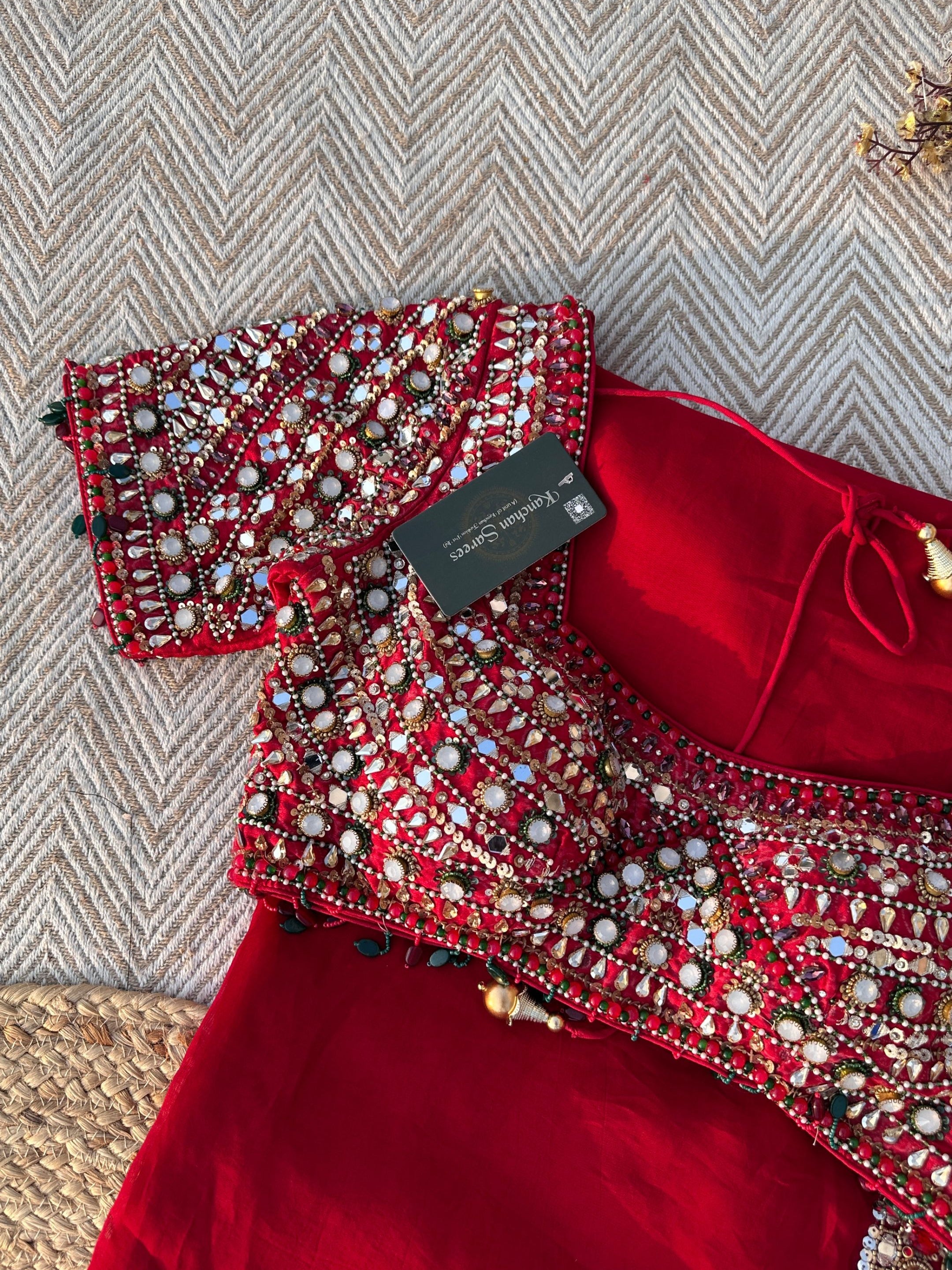 Red Georgette Saree with Raw Silk Blouse with Sequins, Mirror, Stone and Kundan Embroidery 2